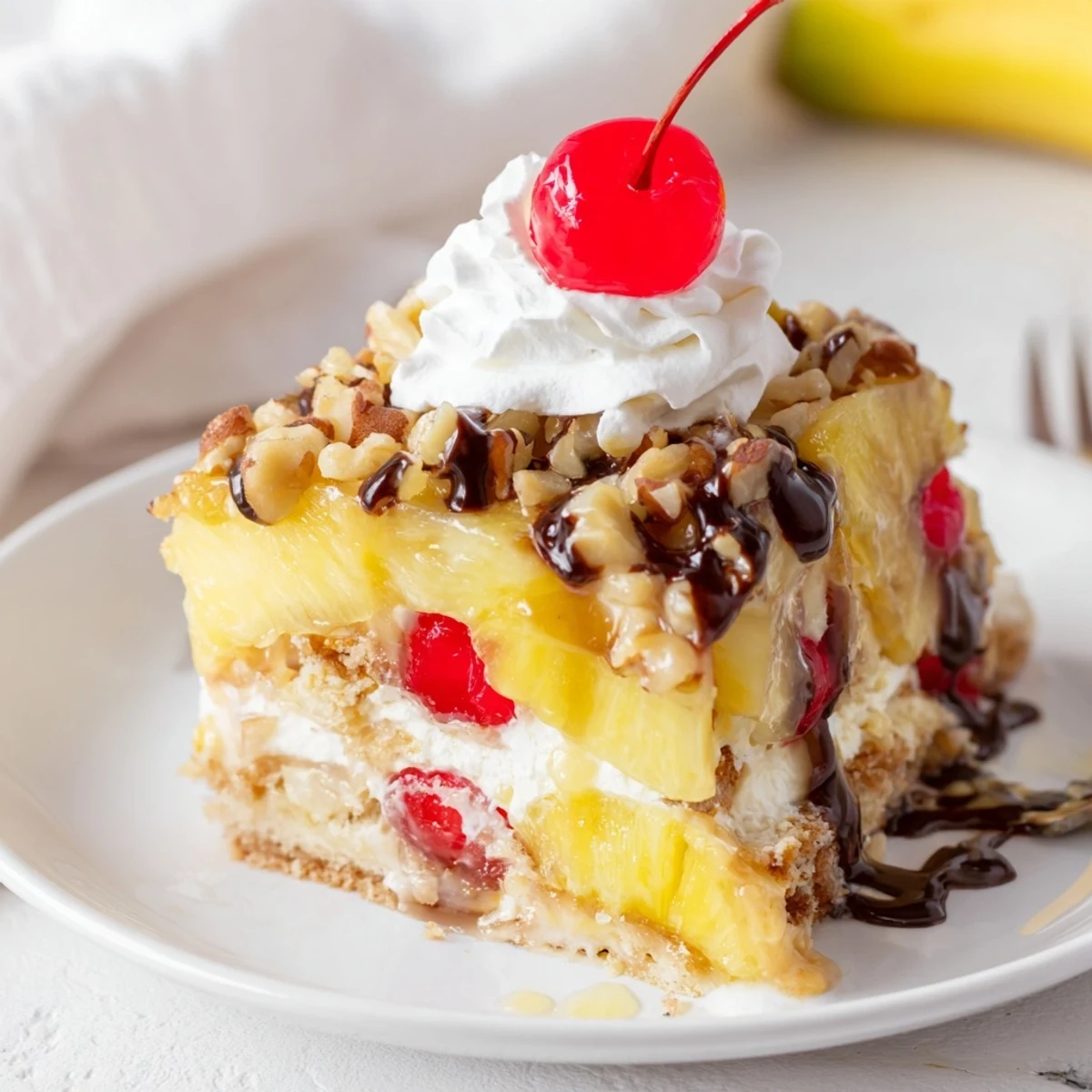Sliced bananas and pineapple under Banana Split Dump Cake, served with whipped cream