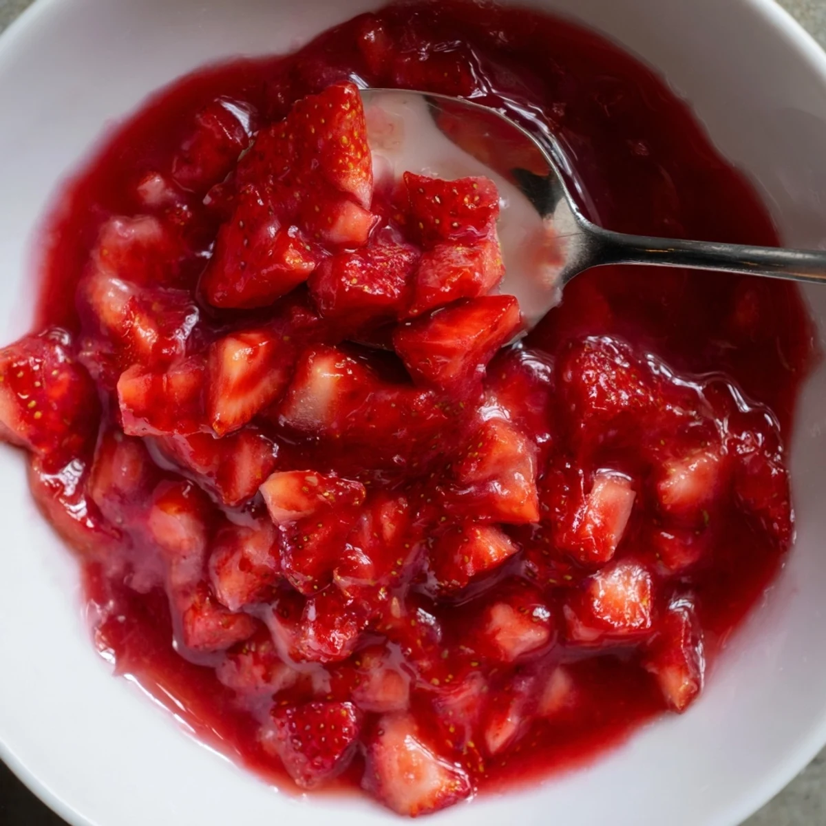 Strawberry Cake Filling Recipe showing glossy red filling thickened, spoon ready for layering.