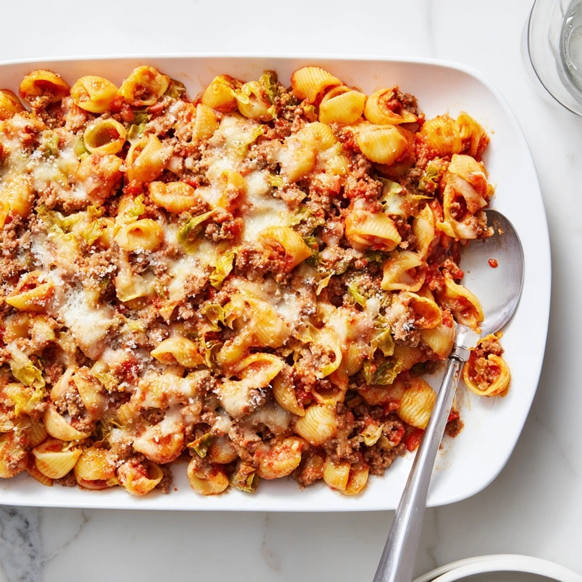 Golden cheesy cabbage roll pasta bake with tomato sauce and beef fresh from oven