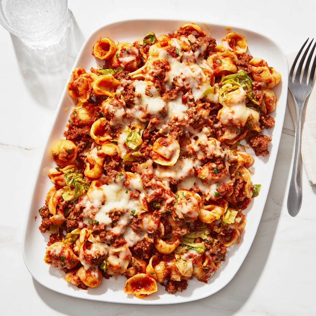 Hearty pasta shells layered with ground beef cabbage and bubbly mozzarella in baking dish