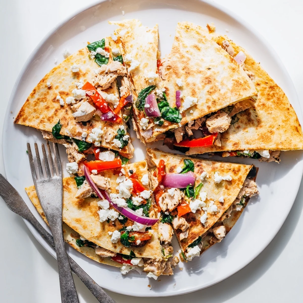 Crispy tortilla folded around seasoned chicken with roasted red peppers and spinach
