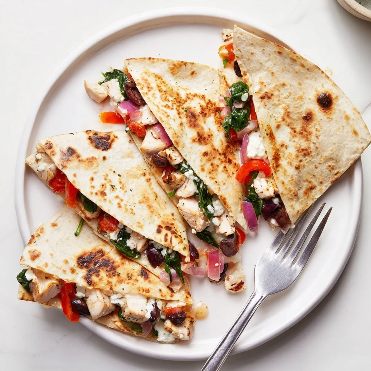Greek chicken quesadillas sliced into wedges showcasing colorful Mediterranean vegetable filling