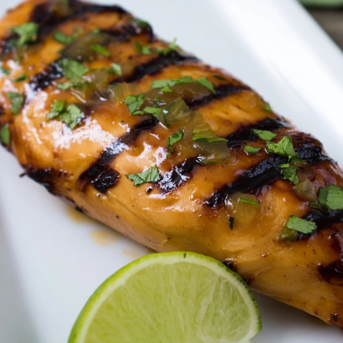 Golden grilled mango lime chicken breast garnished with fresh cilantro and lime wedges on a white plate