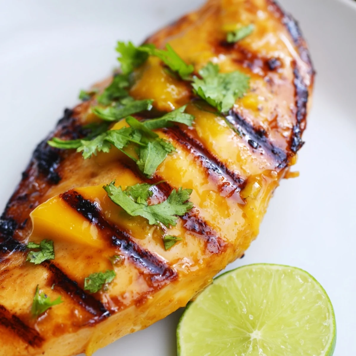 Summer grilled mango lime chicken served with vibrant green cilantro and citrus lime wheel garnish