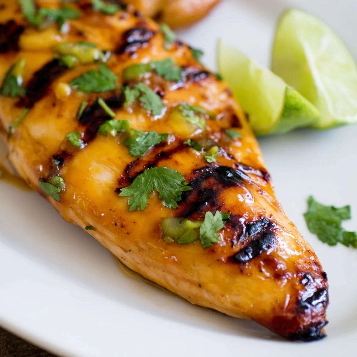Juicy tropical grilled chicken marinated in fresh mango and zesty lime sauce with char marks