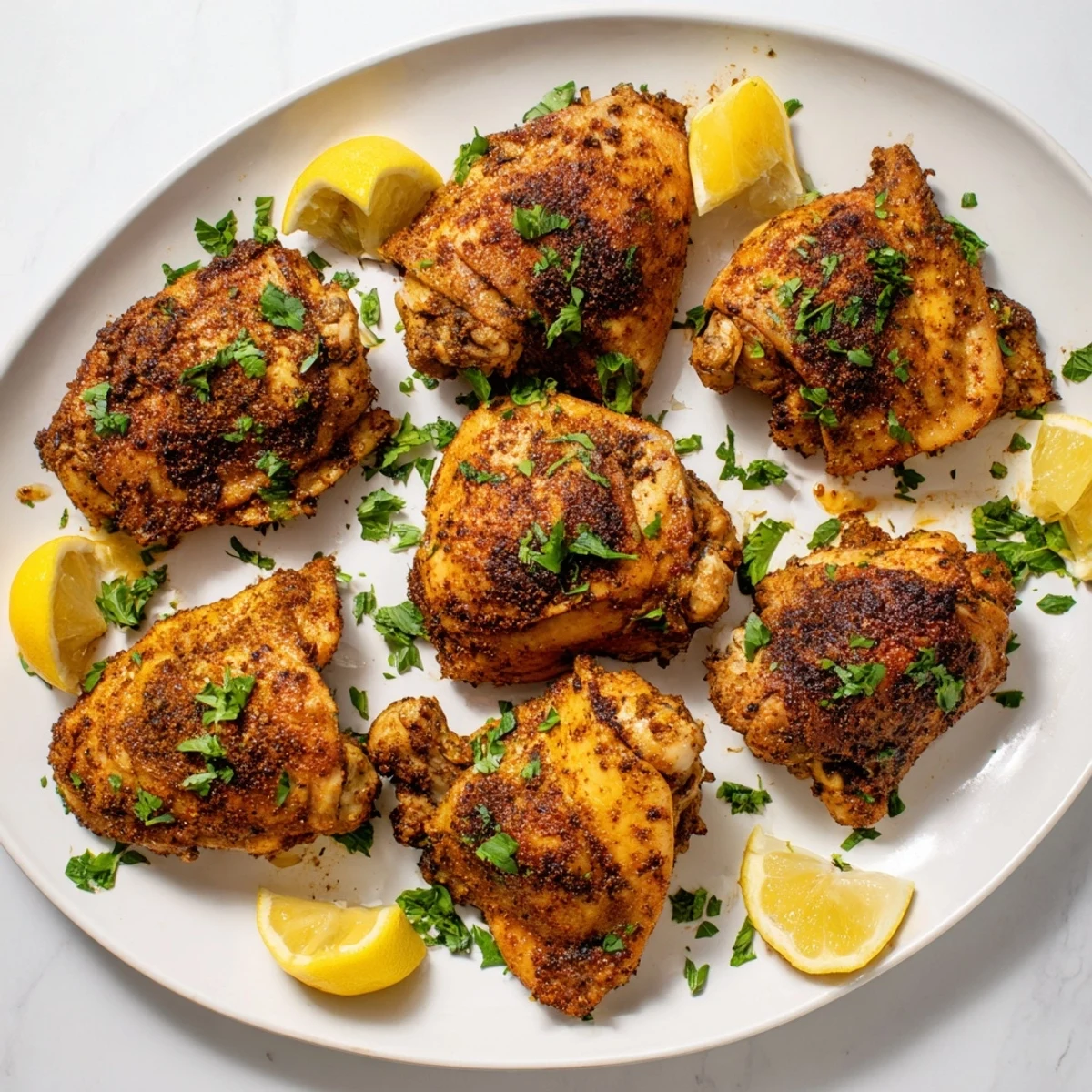 Fragrant baked chicken thighs coated in aromatic cumin, coriander, and paprika with lemon wedges