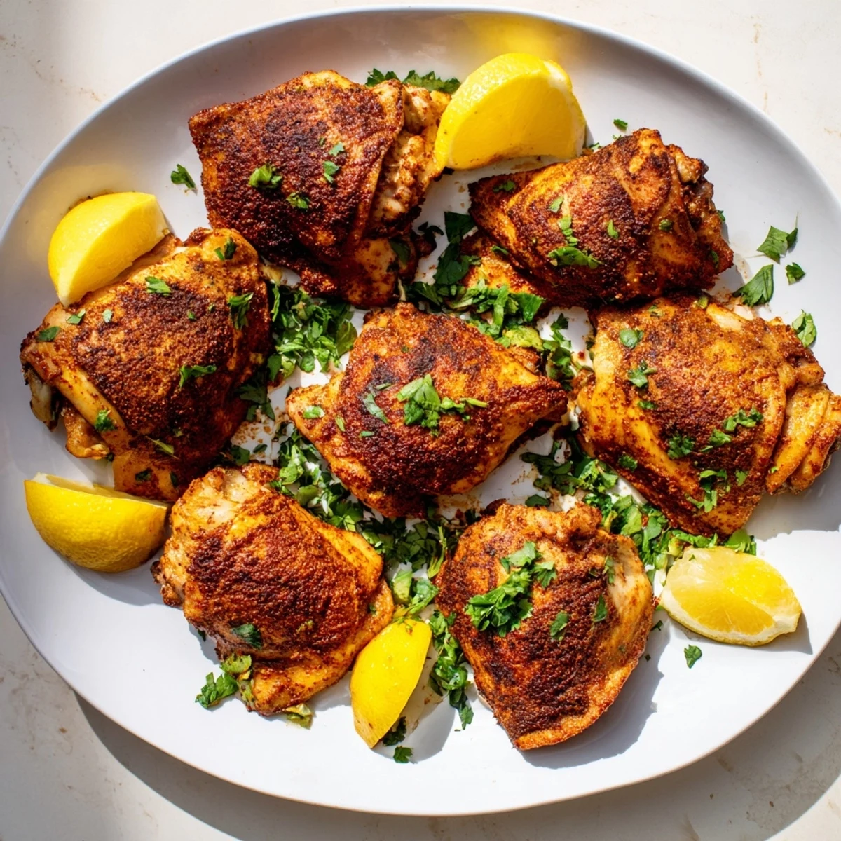 Golden roasted Moroccan spiced chicken thighs with crispy, seasoned skin garnished with fresh cilantro