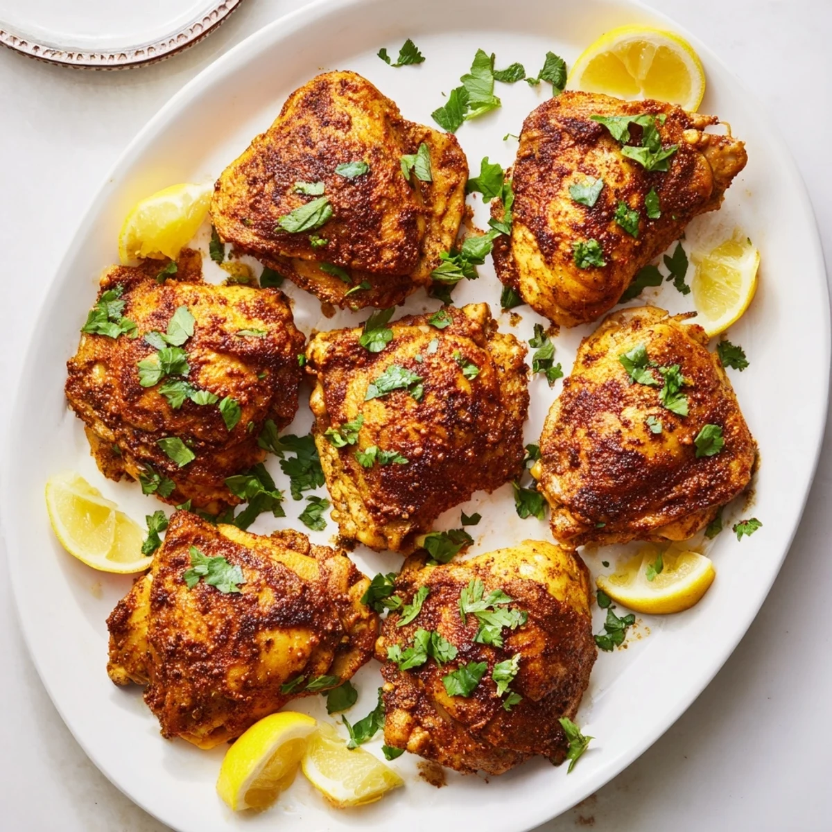 Succulent Moroccan spiced chicken thighs resting on a platter with vibrant herbs and citrus