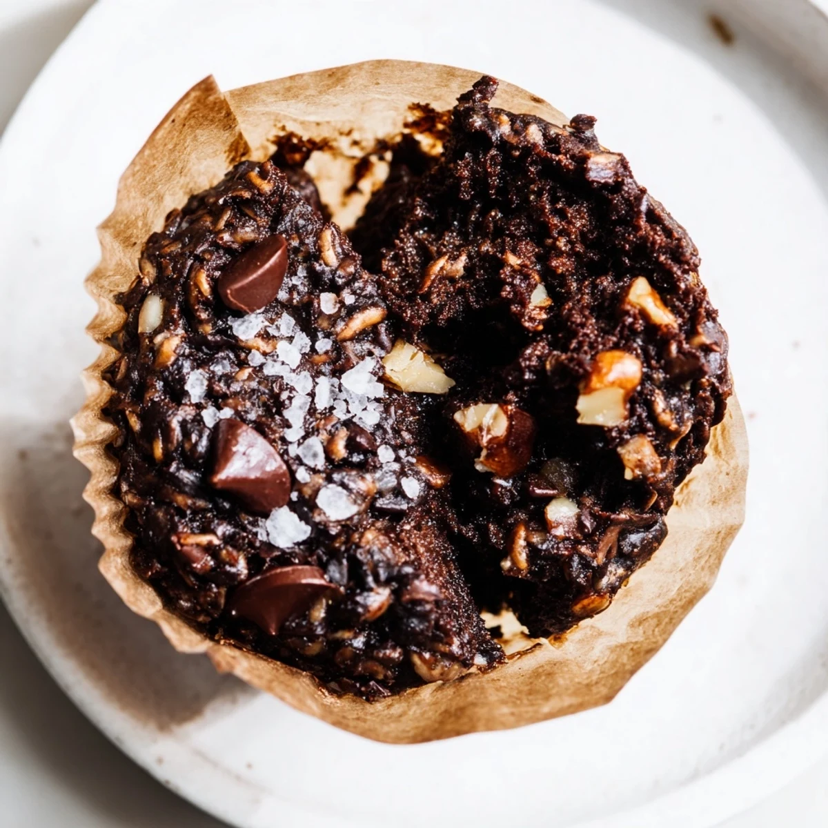 Freshly baked dark chocolate oatmeal cups with melted chips and chopped walnuts, golden brown and ready to enjoy as a wholesome portable snack