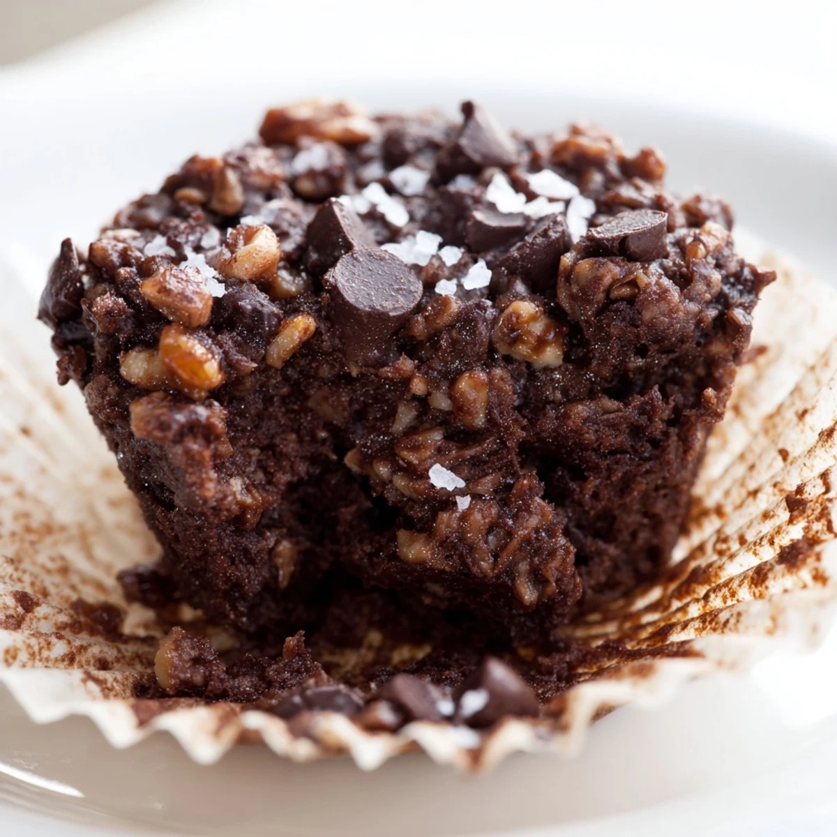 Rich fudgy dark chocolate oatmeal cups studded with chocolate chips, topped with flaky sea salt and cooled on a wire rack