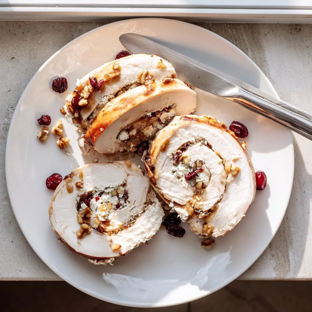 Golden roasted cranberry goat cheese stuffed turkey breast glazed with honey mustard on a white serving platter