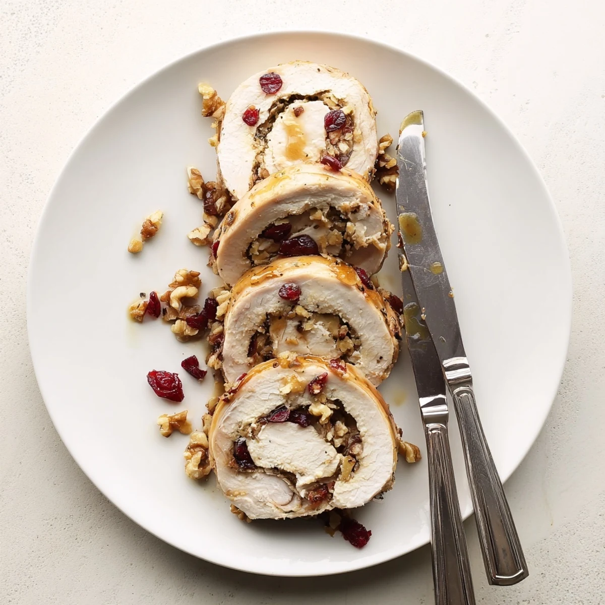 Sliced turkey breast roll revealing creamy goat cheese cranberry walnut filling arranged on a wooden board