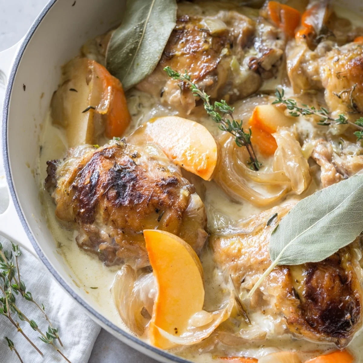 Golden brown French Chicken Casserole à la Normande with tender apple slices in creamy cider sauce