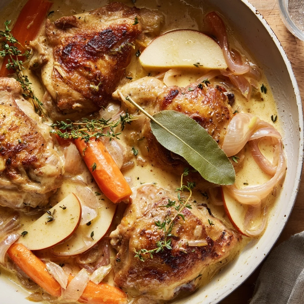 Spoonful of rich French Chicken Casserole à la Normande with succulent chicken pieces and velvety cream sauce