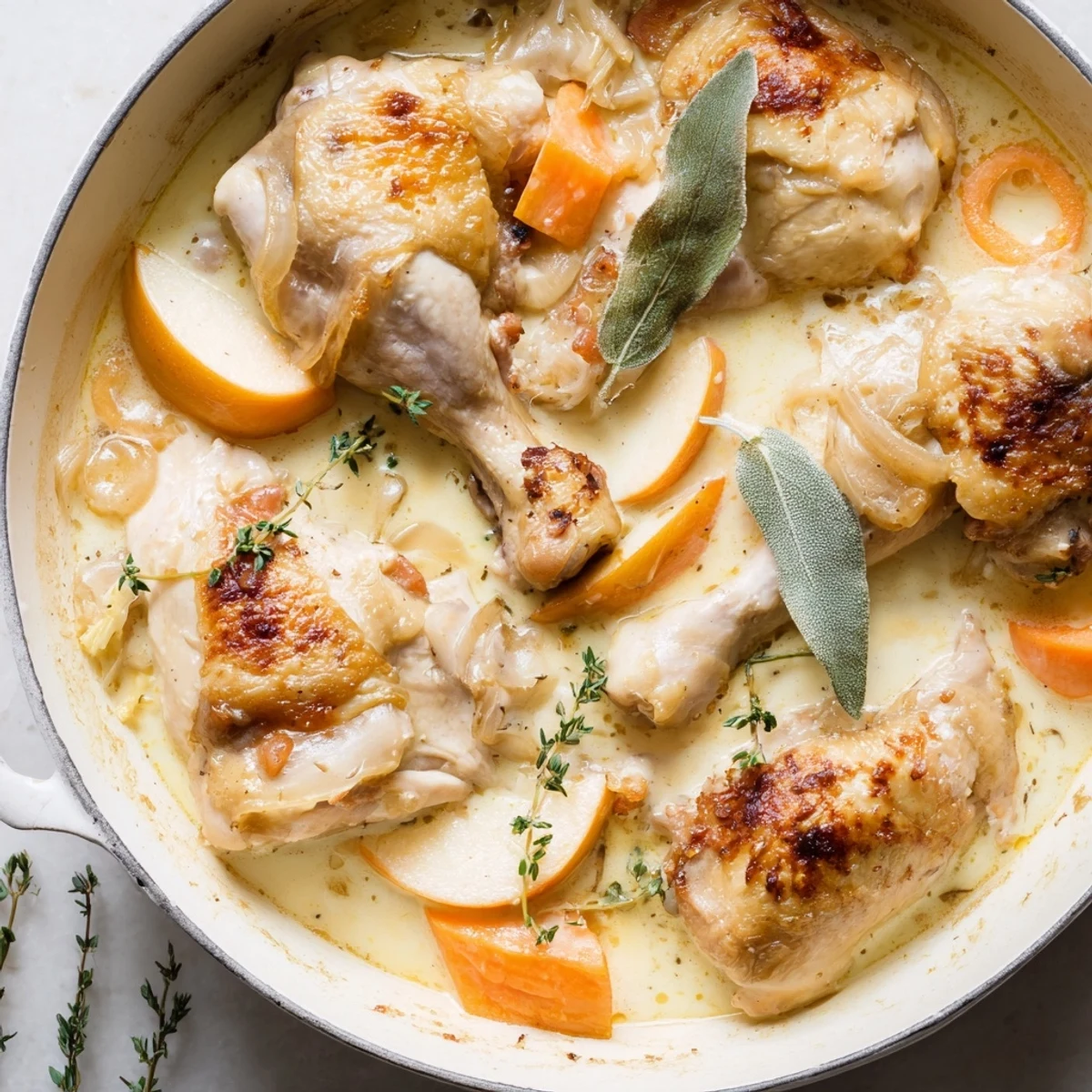 Rustic Dutch oven bubbling with French Chicken Casserole à la Normande featuring caramelized onions and thyme