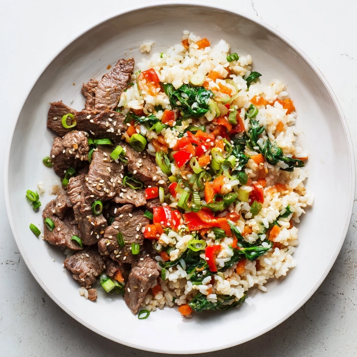 Golden roasted Korean Beef Bulgogi stuffed bell peppers topped with sesame seeds and scallions on a white serving plate