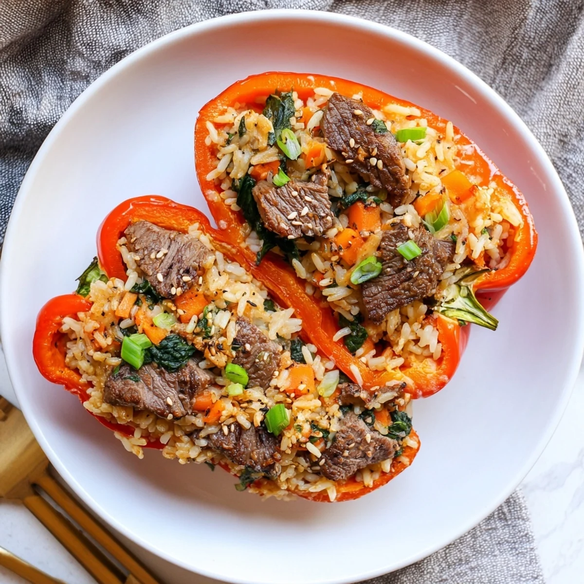 Savory Korean Beef Bulgogi Stuffed Bell Peppers filled with fluffy rice and tender beef in a colorful baking dish