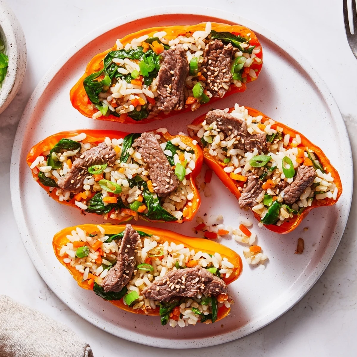 Garden fresh bell peppers overflowing with Korean Beef Bulgogi rice mixture garnished with fresh green onions