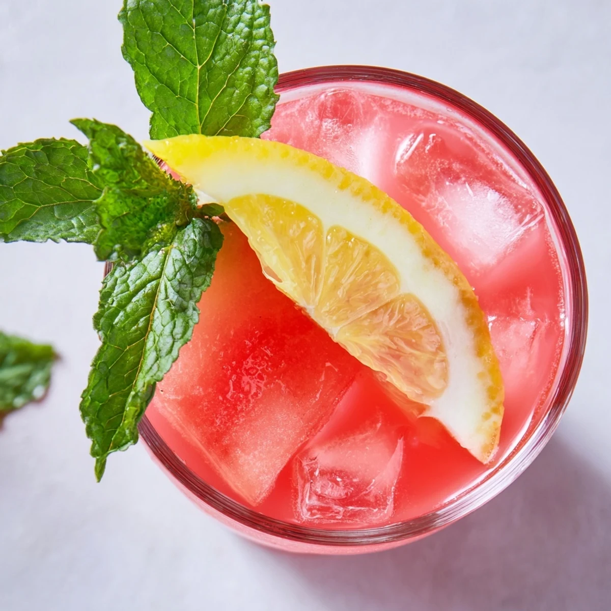 Glossy pitcher of watermelon lemonade garnished with fresh mint and lemon slices on ice