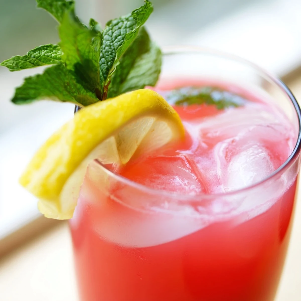 Tall glass of pink watermelon lemonade served over ice with vibrant lemon wheel garnish
