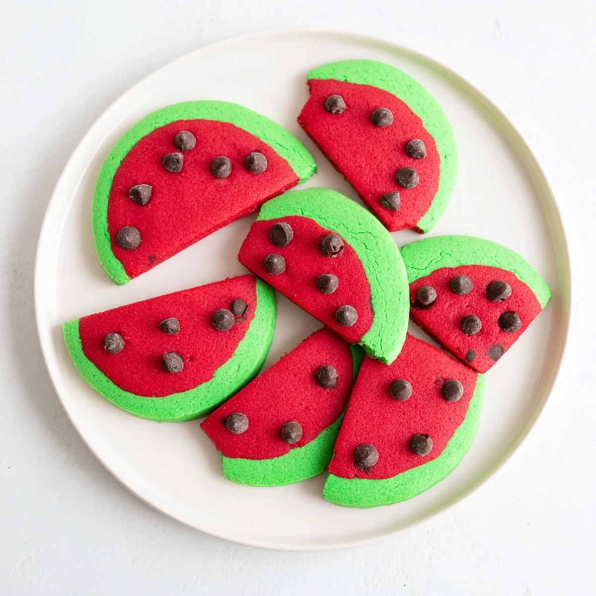 Watermelon slice cookies arranged on a white platter, featuring red centers with chocolate chip seeds and green rinds