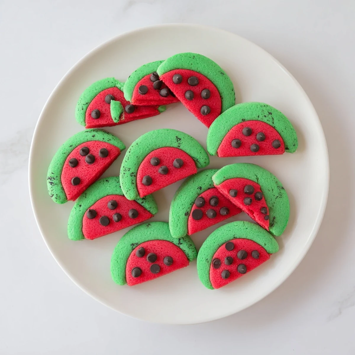 Freshly baked watermelon slice cookies cooling on a wire rack, their vibrant red and green layers visible