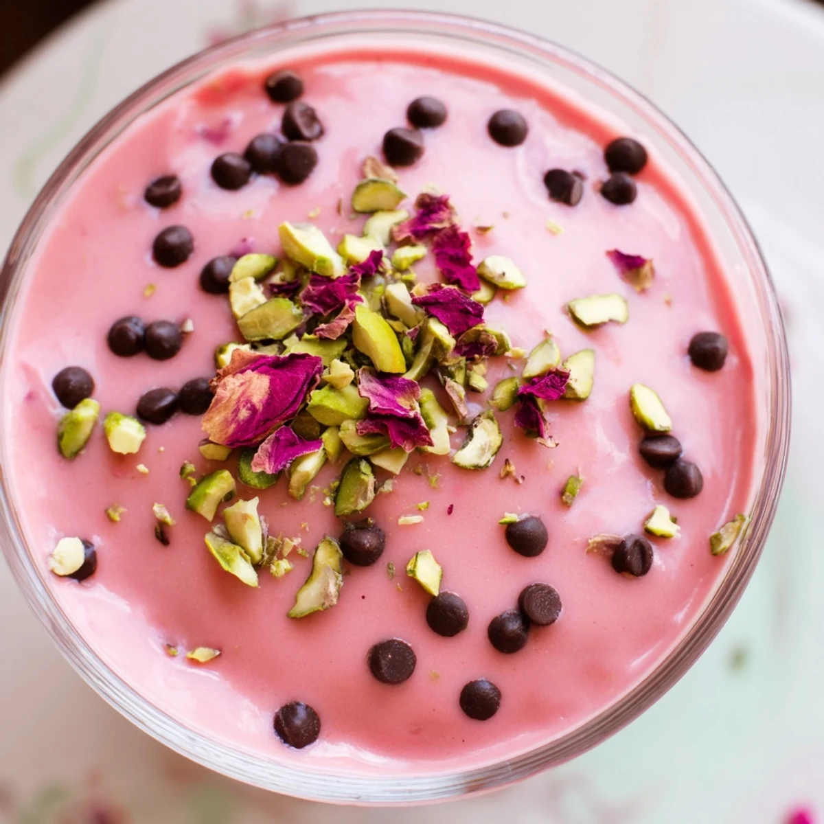 Pink Sicilian watermelon pudding topped with crushed pistachios in elegant clear glass serving cups