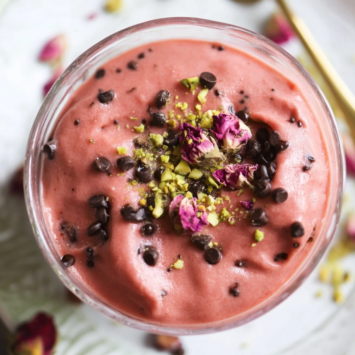Chilled watermelon pudding sprinkled with pistachios and rose petals in white ramekins on wooden board