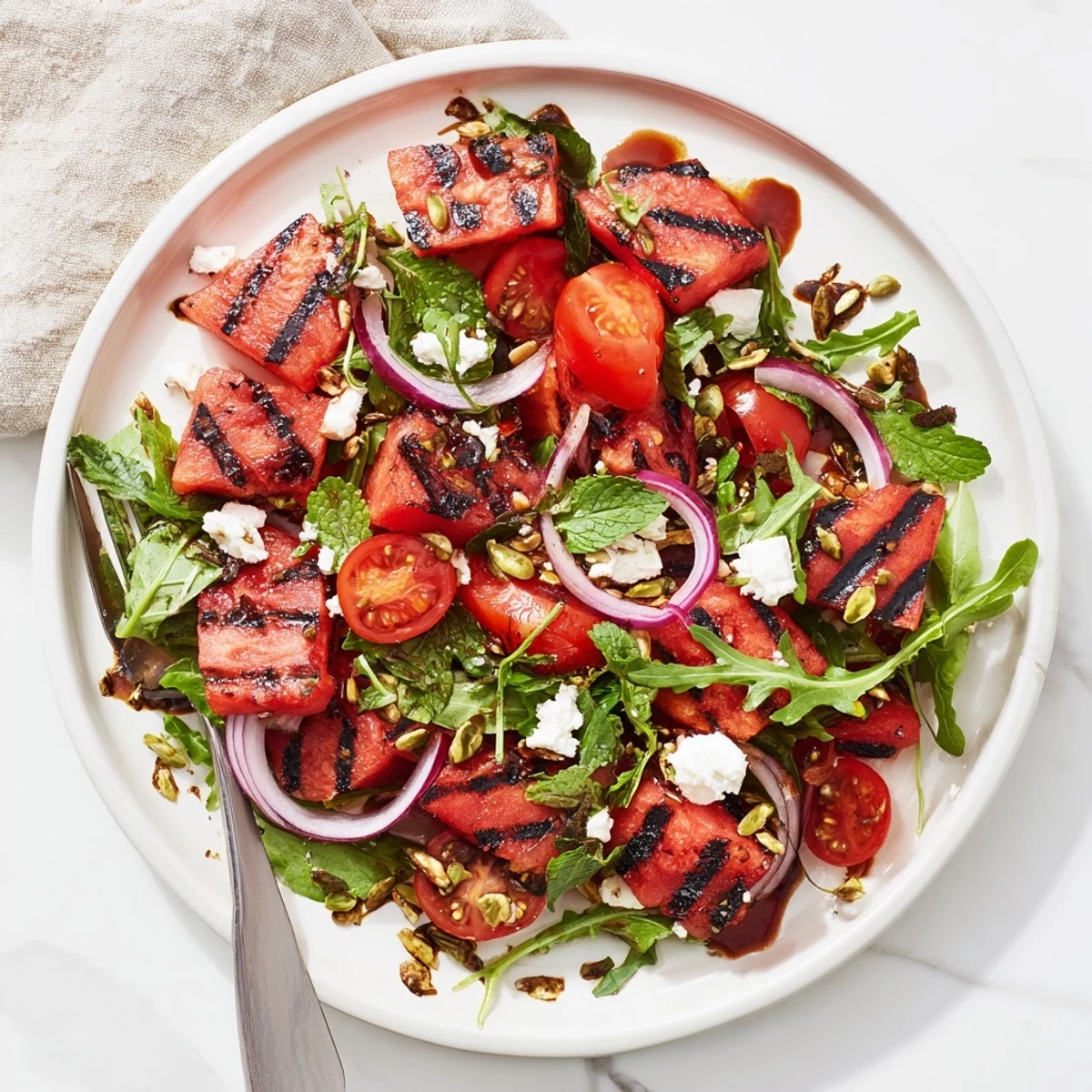 Colorful grilled watermelon salad with balsamic dressing, fresh mint, and crumbled feta cheese on a white serving plate