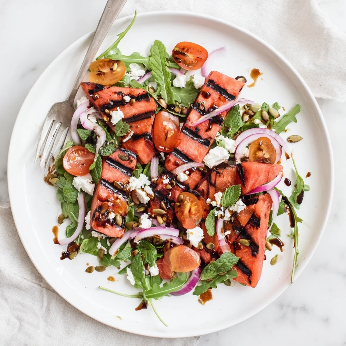 Summer grilled watermelon salad featuring smoky charred fruit, arugula greens, and tangy balsamic glaze topped with creamy feta