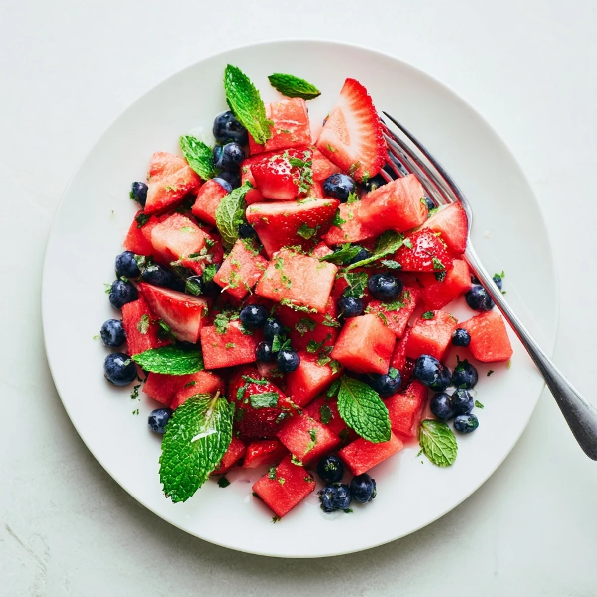 Fresh watermelon fruit salad bowl with strawberries, blueberries, mint, and lime zest drizzle
