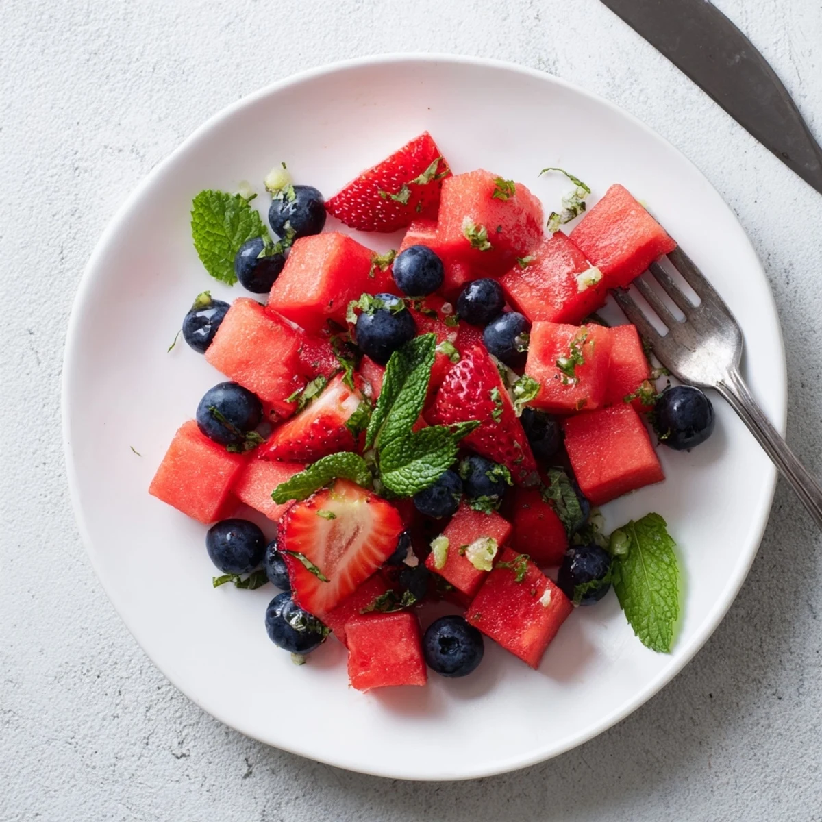 Summer watermelon fruit salad featuring colorful berries, citrus dressing, and fresh mint garnish