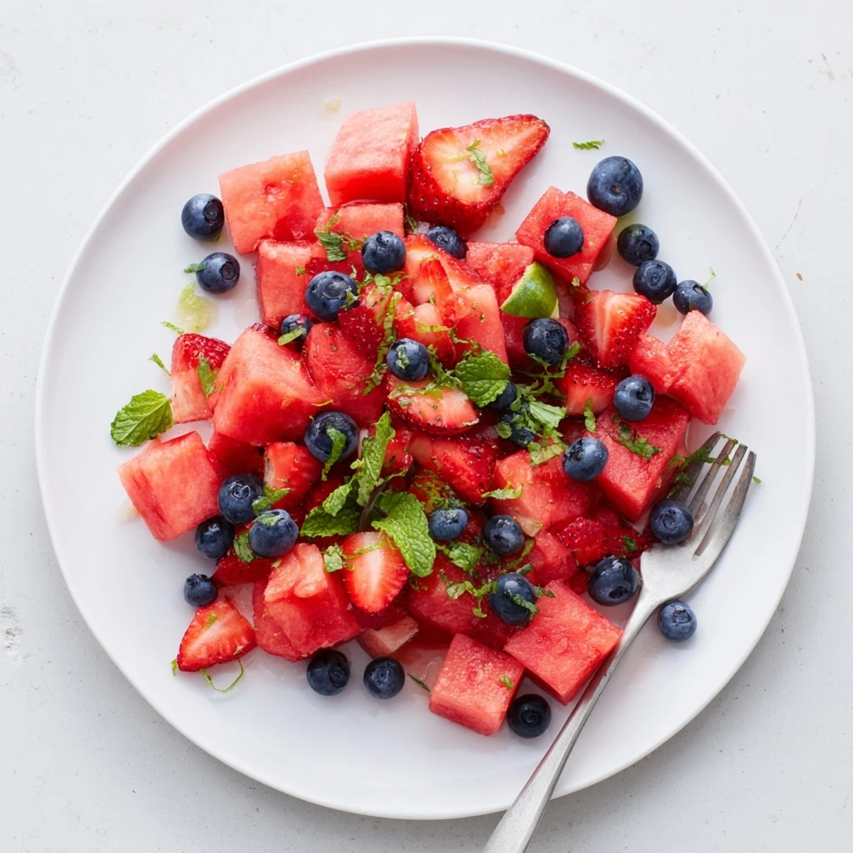 Refreshing watermelon dessert bowl layered with sweet strawberries, blueberries, and zesty lime mint dressing