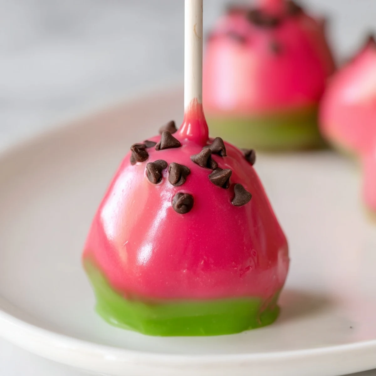 Watermelon cake pops displayed on a white platter with pink candy coating and green rinds