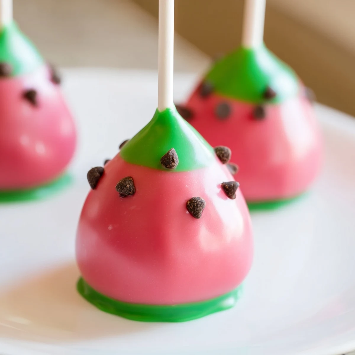 Hand holding a vibrant watermelon cake pop decorated with mini chocolate chip seeds
