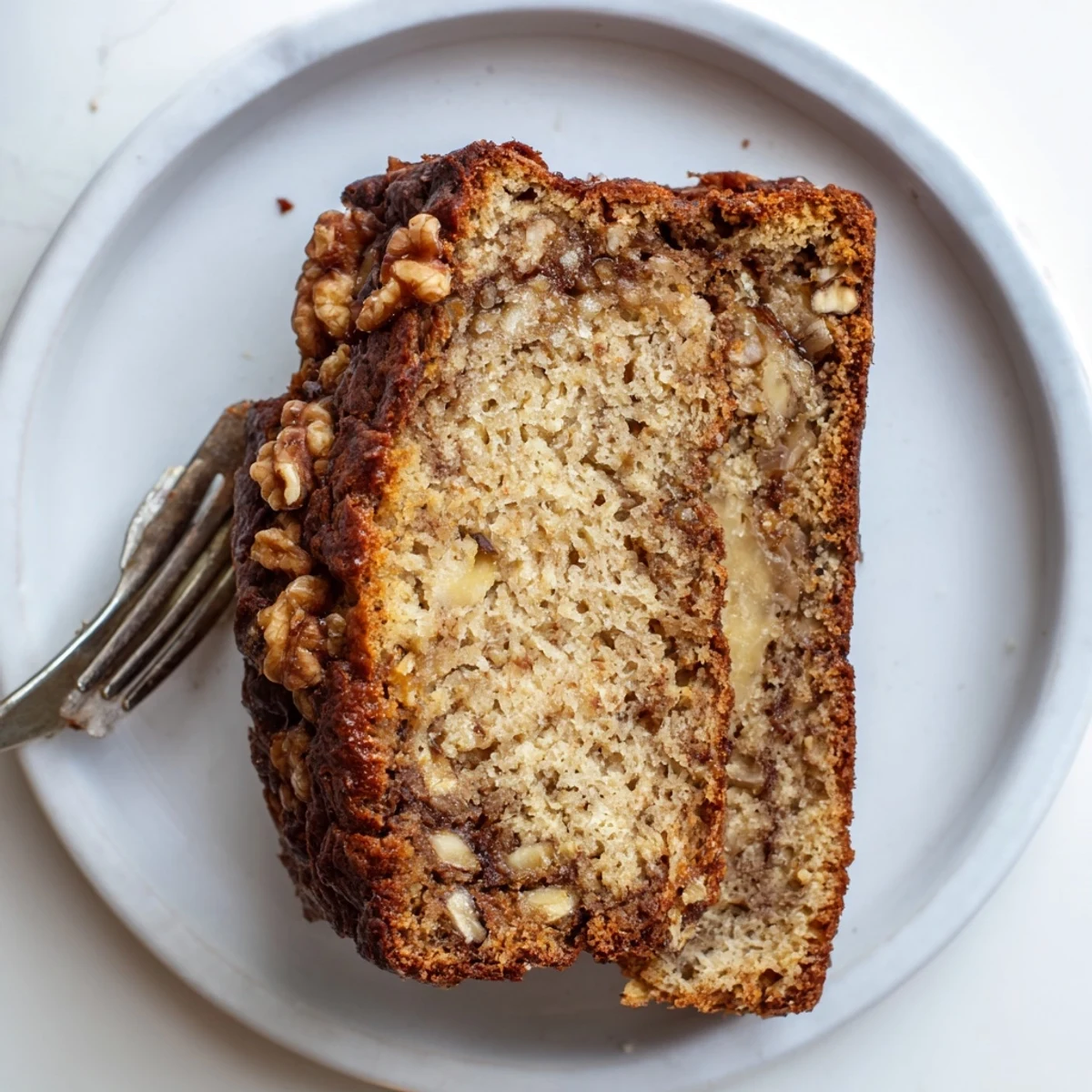 Freshly baked banana nut bread with gooey cinnamon sugar layer and crunchy walnut pieces