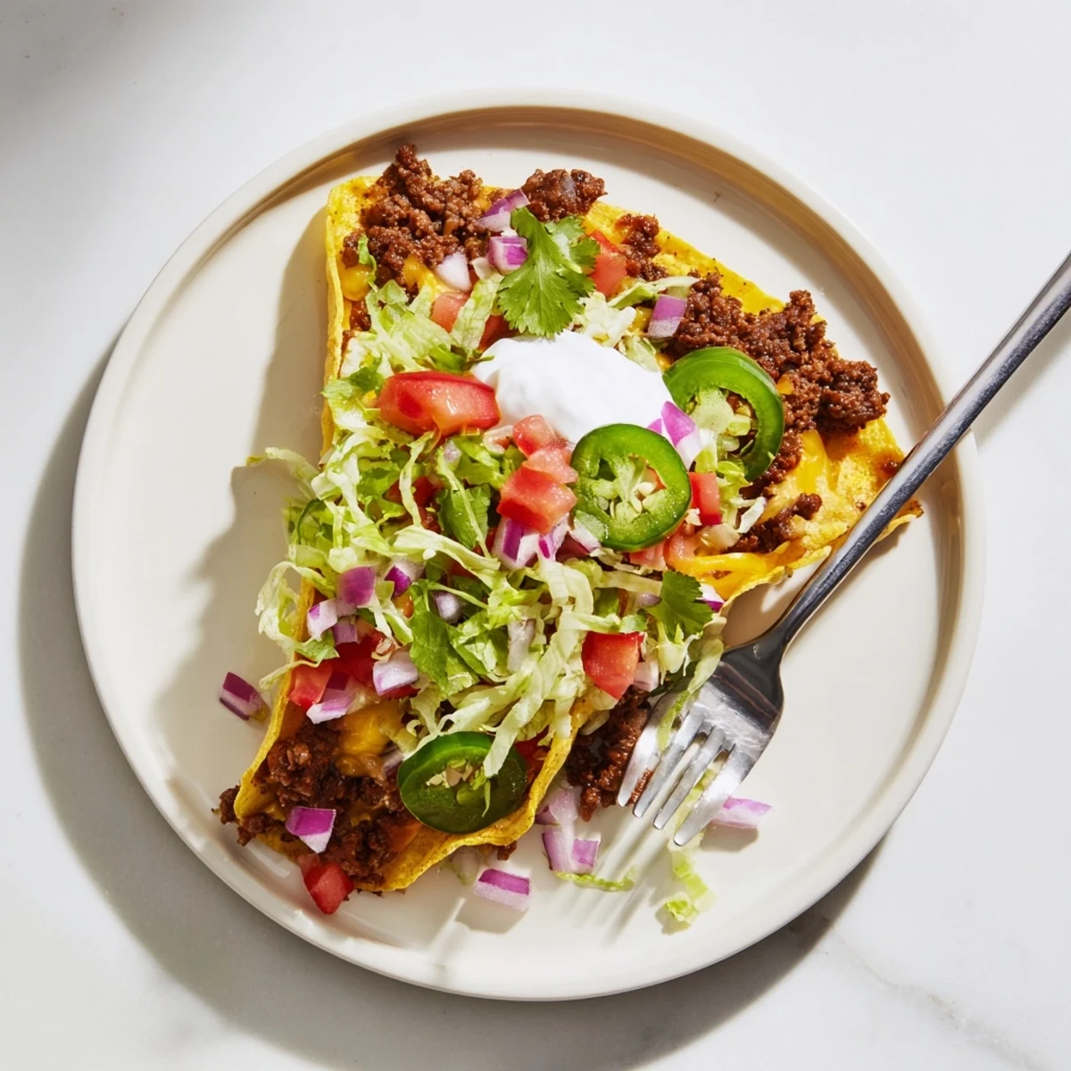 Juicy seasoned beef smashed into bubbling cheese tacos topped with fresh cilantro and vegetables