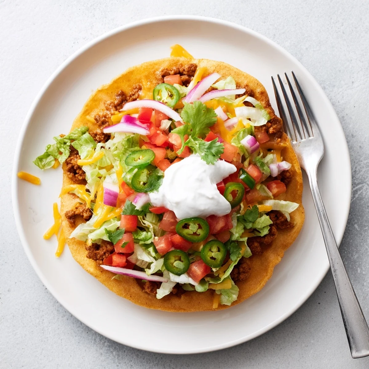 Sizzling smashed beef patties on corn tortillas loaded with Monterey Jack and colorful toppings