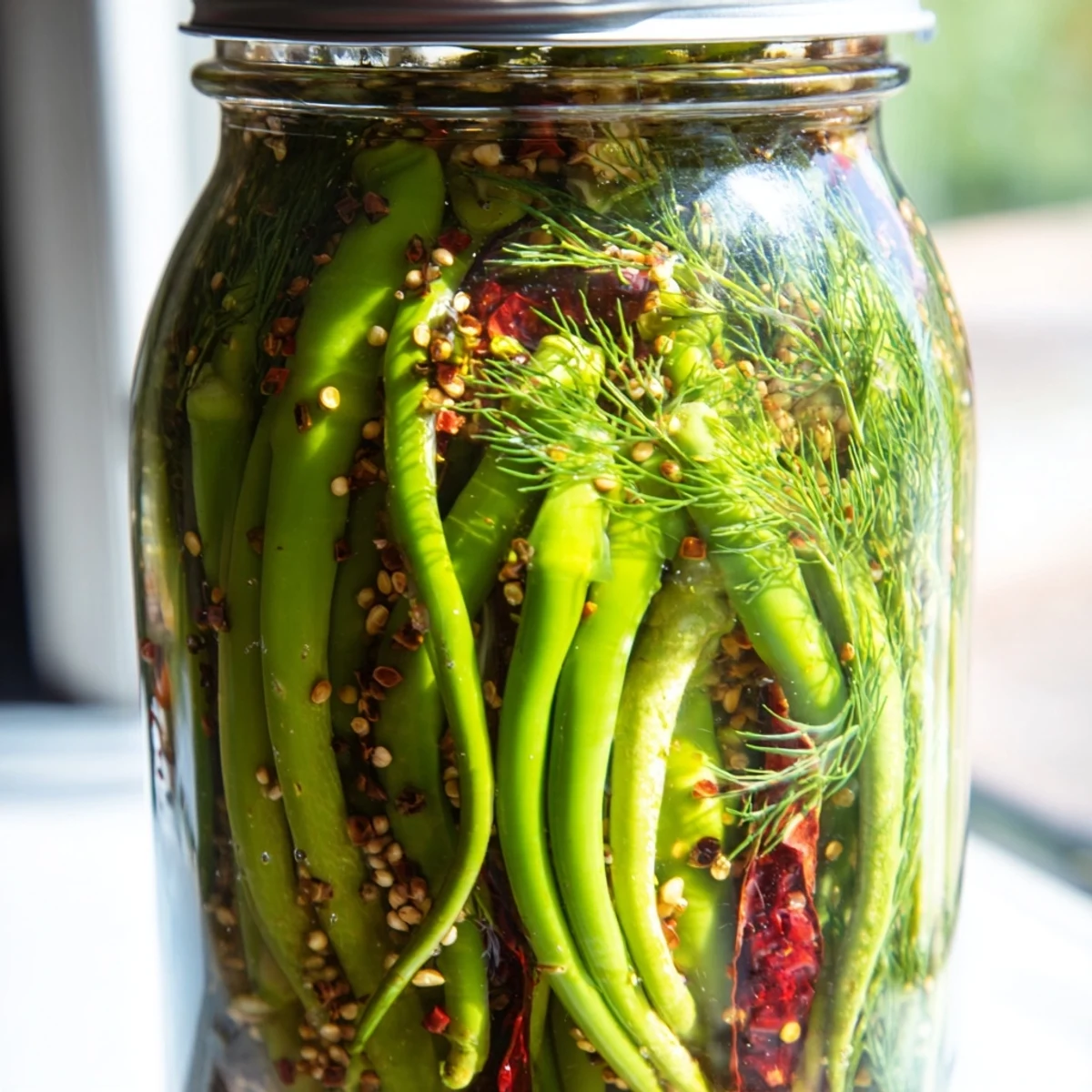 Curled garlic scapes packed in jars with red chilies and aromatic pickling spices