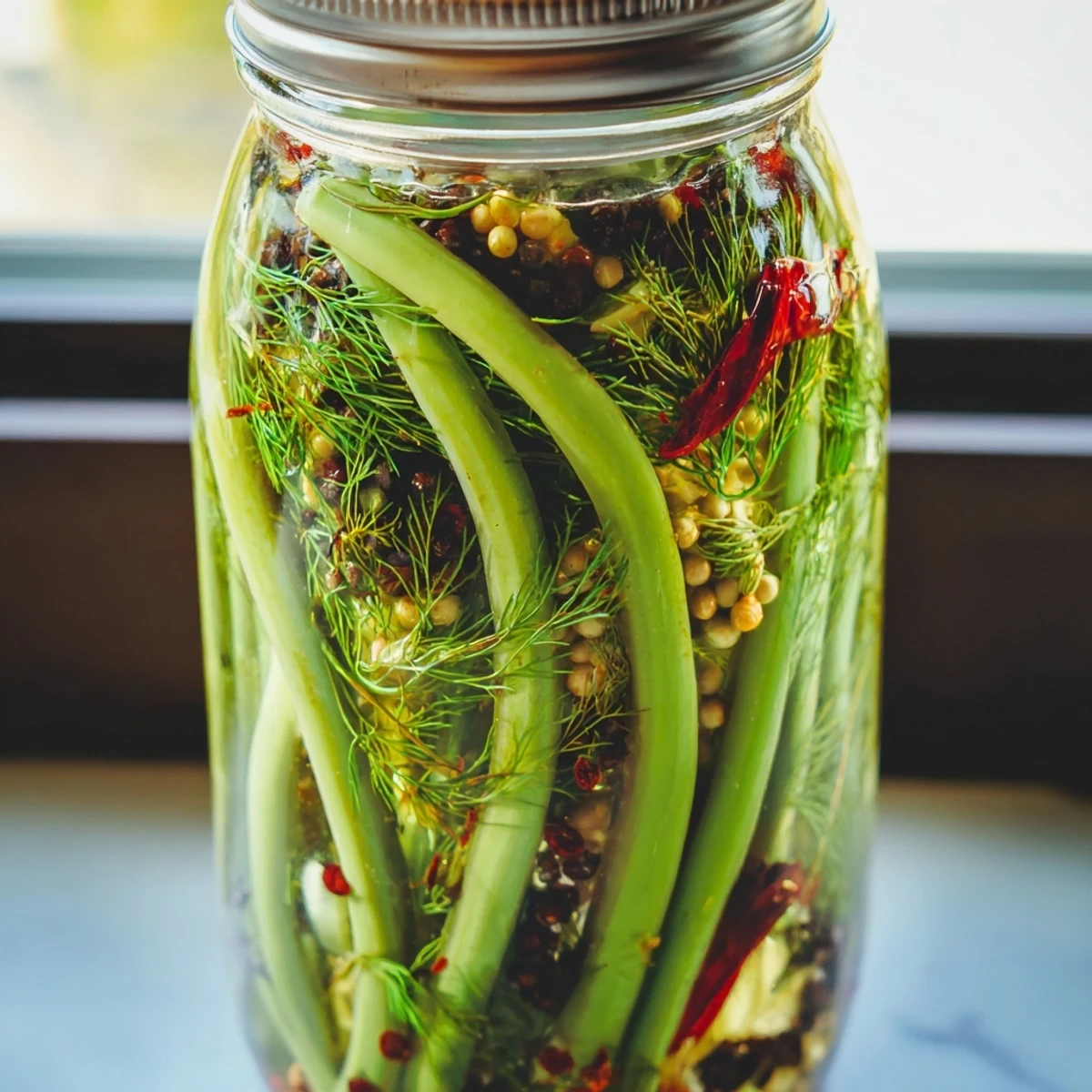 Glass jar filled with spicy pickled garlic scapes submerged in tangy vinegar brine