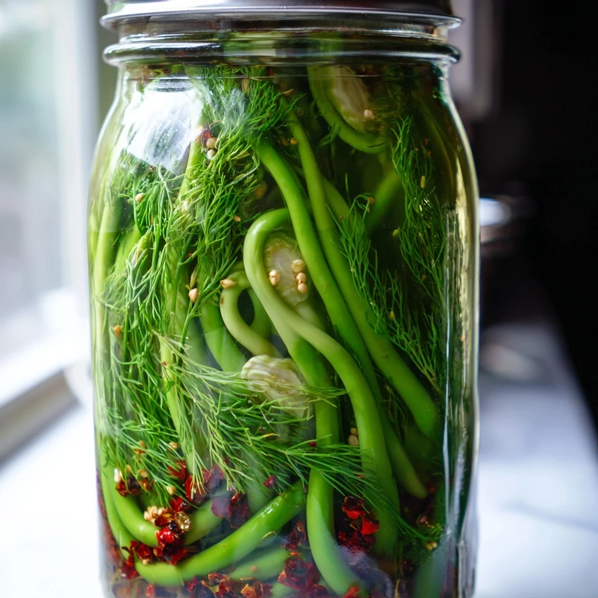 Close up of crisp garlic scape pickles resting in cloudy brine with dill sprigs