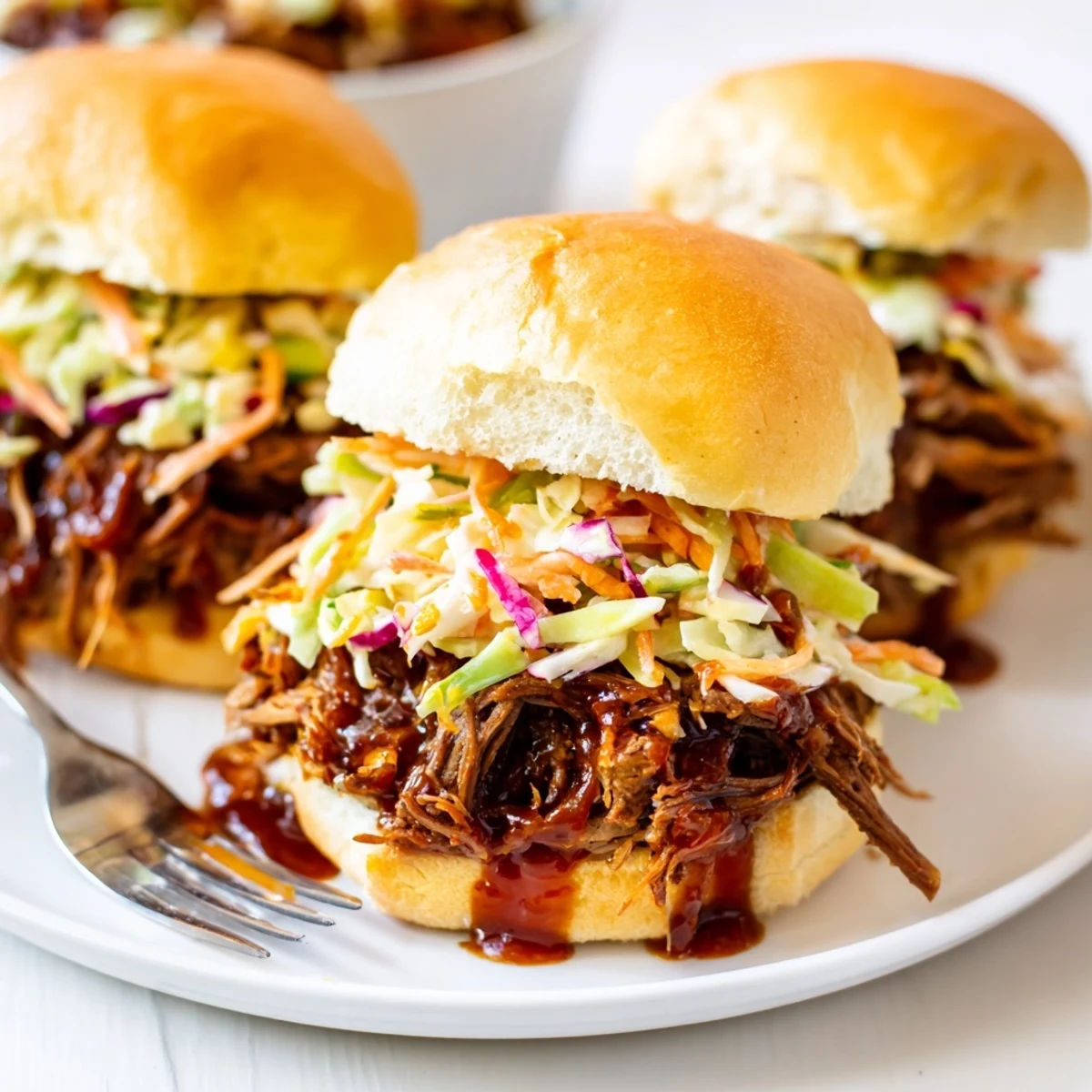 BBQ pulled beef sliders piled high on toasted brioche buns with crunchy coleslaw