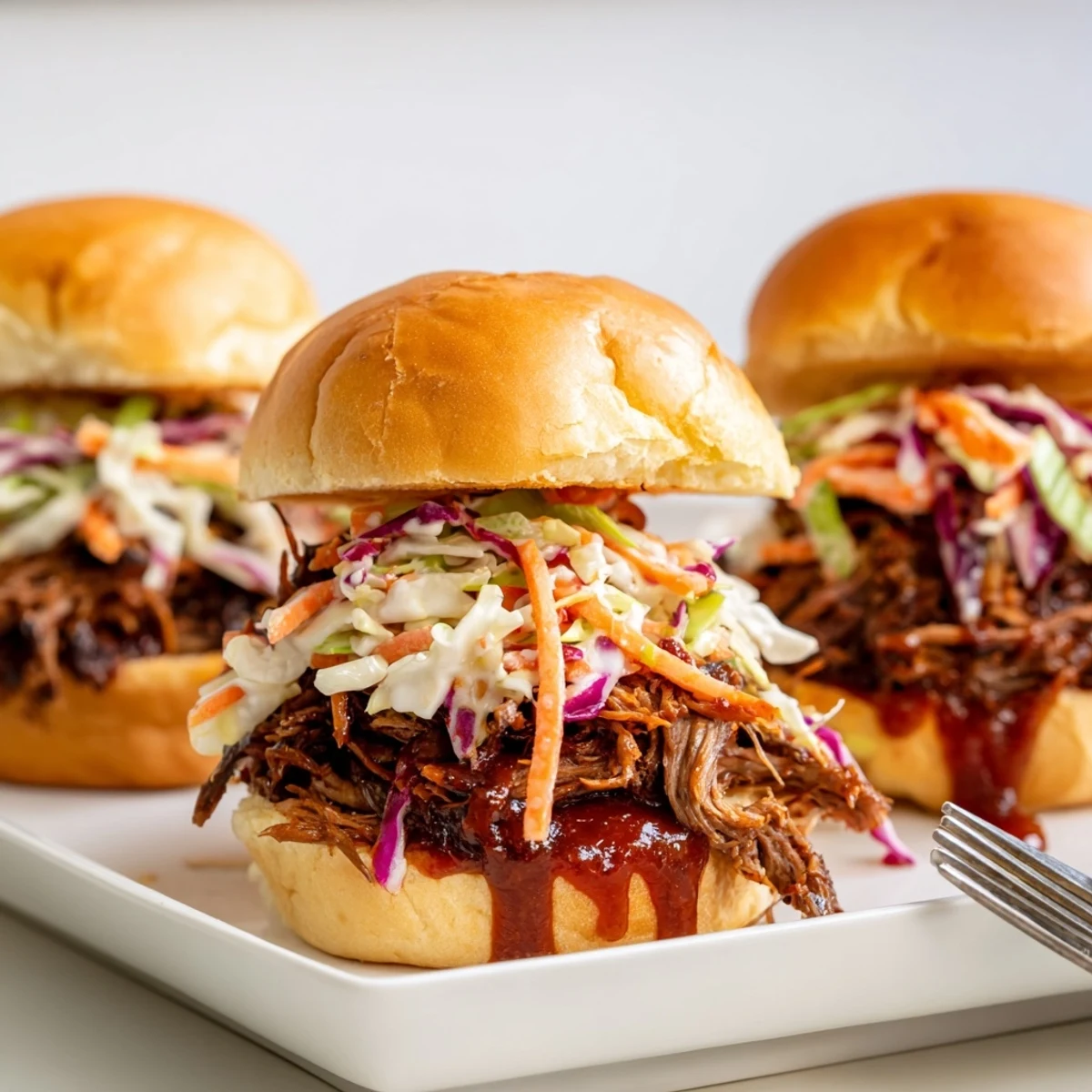 Homemade BBQ pulled beef sliders with colorful coleslaw on soft toasted buns