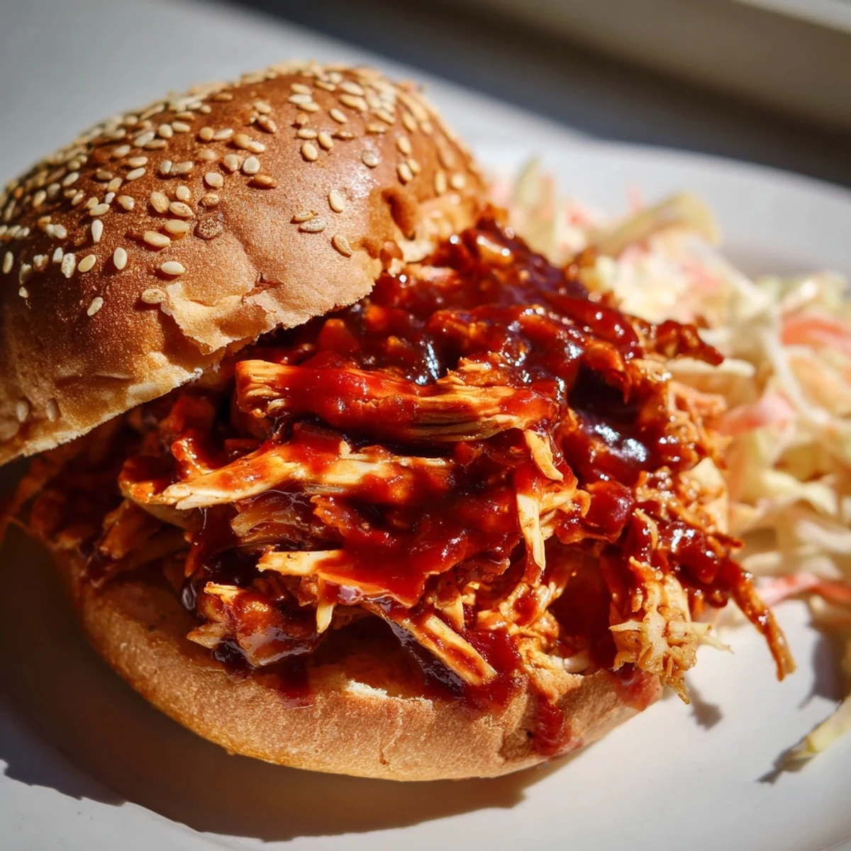 Tender BBQ pulled chicken sliders piled high on sweet, toasted Hawaiian rolls