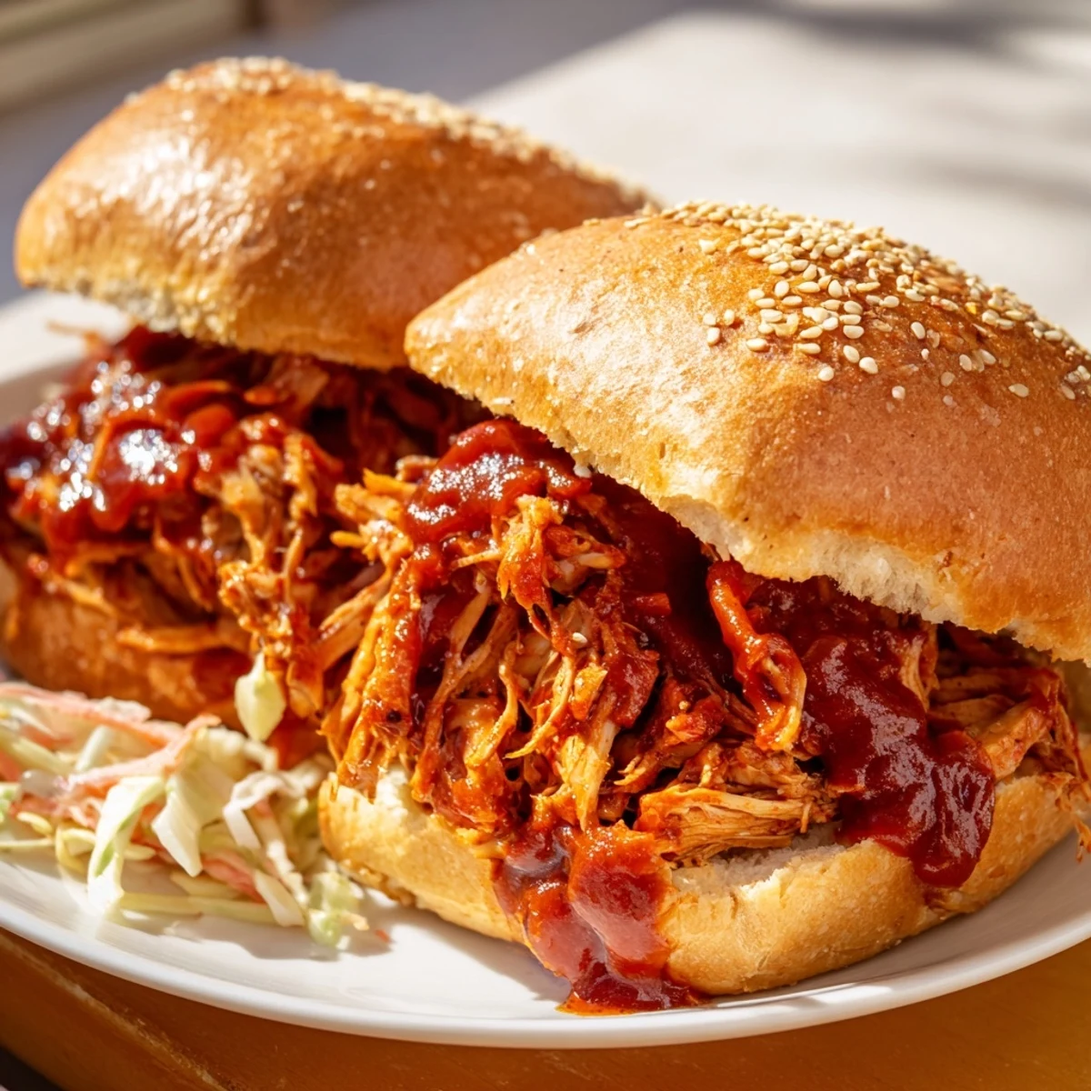 Smoky shredded chicken sandwiches loaded on buttery golden Hawaiian sweet rolls for parties