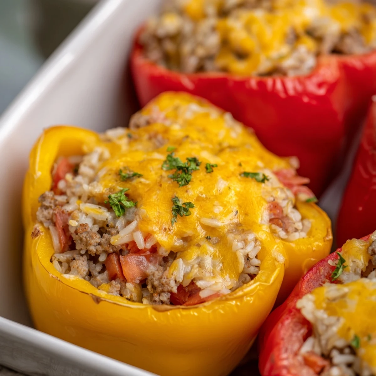 Vibrant red bell peppers overflow with savory kielbasa beef rice mixture baked to perfection