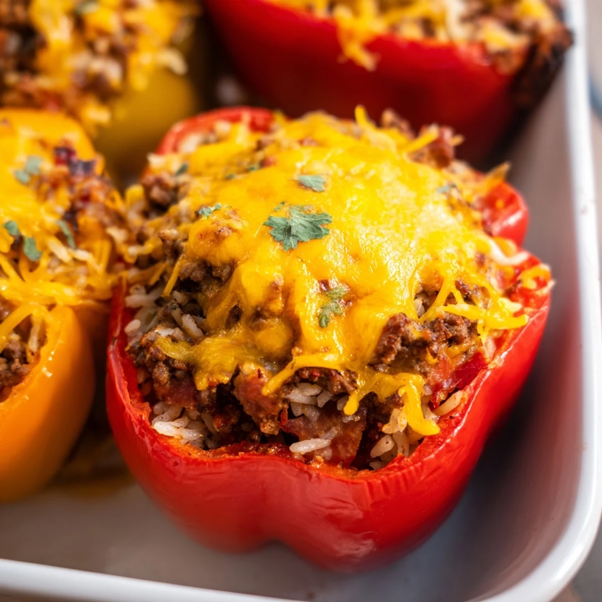 Golden melted cheese tops these kielbasa stuffed bell peppers filled with seasoned beef rice