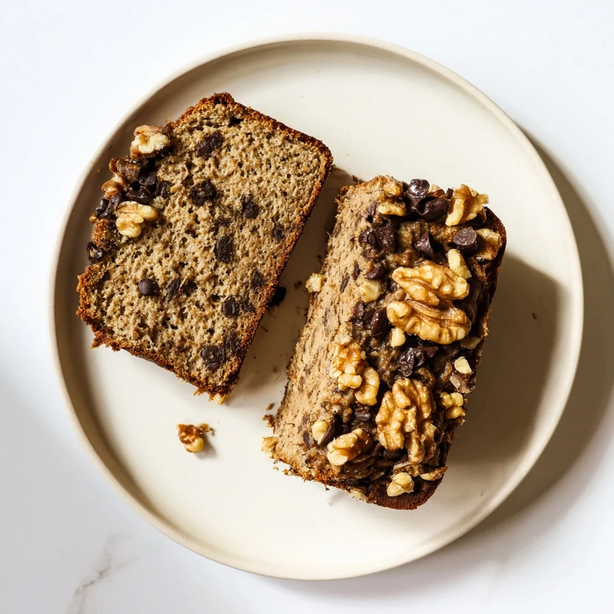 Golden slice of protein banana bread oil free resting on a wooden cutting board with scattered walnut pieces