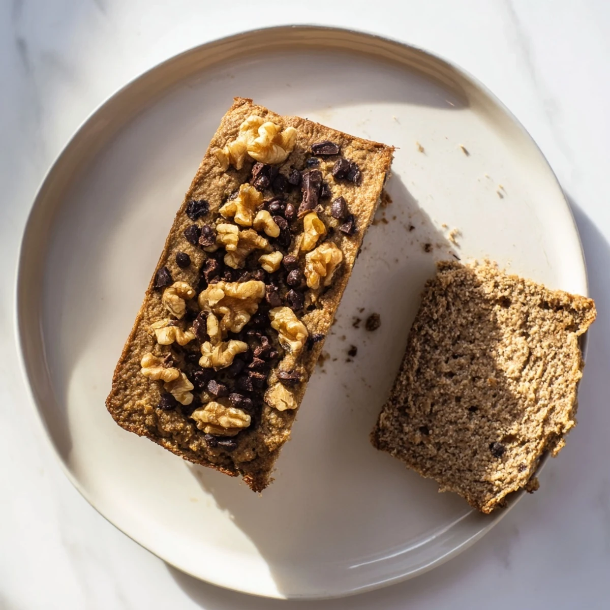 Freshly baked protein banana bread oil free loaf cooling on wire rack with perfectly domed golden crust