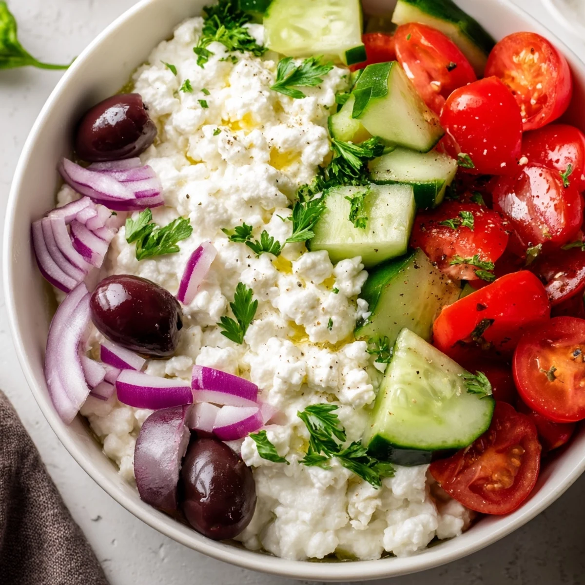 Vibrant cottage cheese bowl arranged with colorful Mediterranean vegetables and crumbled feta for a satisfying lunch